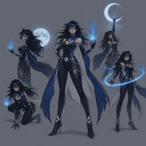 Female superhero with blue fire and moon light abilities, mask, multiple of the same character