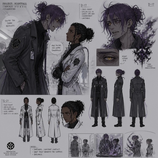 Anime style, Agent Ward a male, made in a secret lab to be best weapon and good at everything, highly skilled, be kept in check, emergency backup case he gets out of control, his hair messy looser bun color violet, clean shaven, yellow night vision eye easily get migraines because of it, sharp teeth, dark power energy from experiment, tired, tall, eyes sensitive to light, dangerous, intimidating, laugh like a maniac, cares about partner ruby rose she's dark skin serious plays by rules firm,them standing together ruby arguing to wards "look all we need to do is a few tests on you then we can continue with are agent jobs”ward says back “easy for you to say,your not the one who’s get there blood drawn and other stuff this is a painful procedure for me” ruby “ I know and I’m sorry but can’t do much about it,we need to make sure your in check”as a comic