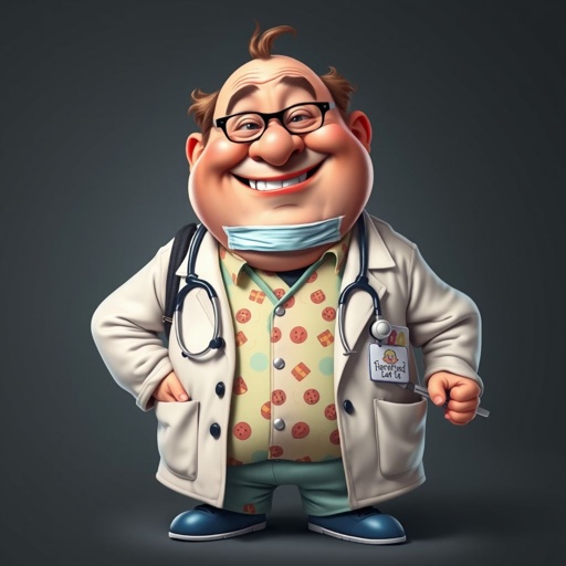 create a fat doctor. Who is funny human looking from head to toe. And he always immediately results to surgery for anything even small things. So please be sure to show his whole outfit head to toe. Make him have 1 tooth