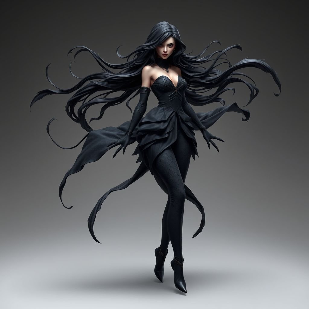 Create character hero Veyra of Shadows – A lithe, mysterious black woman draped in layered black silks that move like smoke around her. With jet-black hair. Show her whole body head to toe including her shoes.