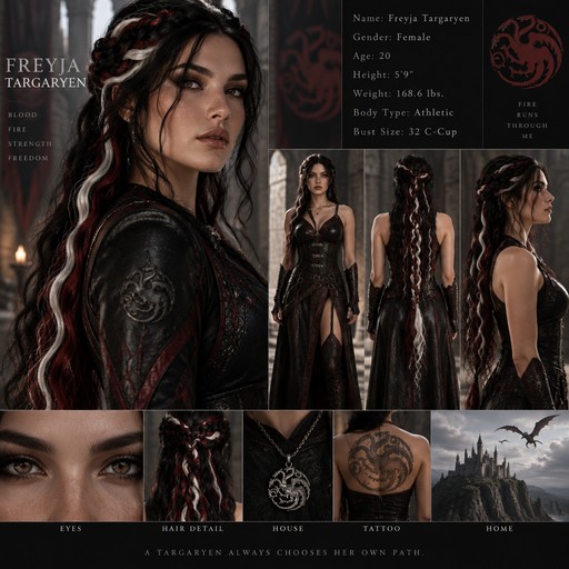 Name: Freyja Targaryen
Gender: Female
Height: 5'9"
Weight: 168.6 lbs.
Hair: Long and wavy Black With white and Red Highlights to my waist in a Valkyrie Braid
Body Type: Atheltic
Bust Size: 32 C-Cup
Age: 20