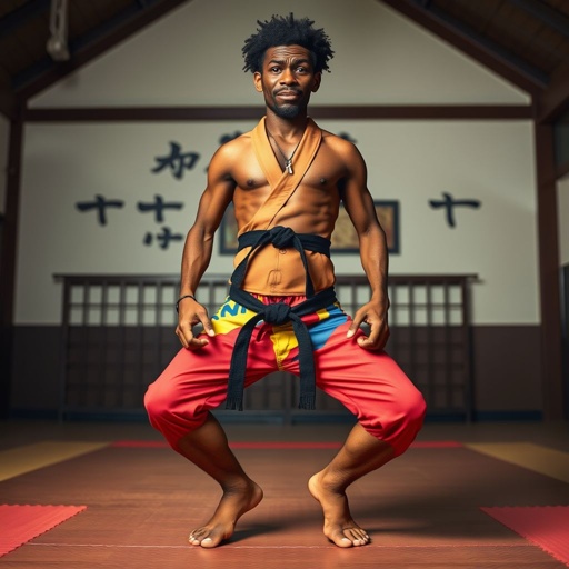 Create a character who looks like a funny African karate guy who doesn’t have a clue what he is doing. Make him have weird toes, only speedos on and a black karate belt.