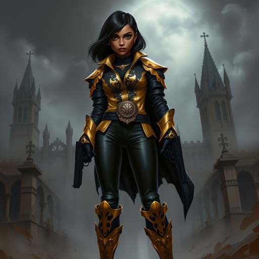A teenage African American female with shoulder length hair in a side part style wearing an armored gold leather jacket with black accents black leather pants and gold boots with a gun belt and two guns on her hips