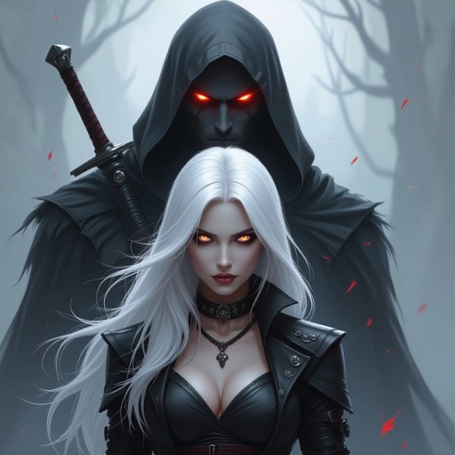 Woman with white hair and white eyes is a badass assassin with intense mystery and darkness with a shadowy Xaden rioson from forth wing male figure behind her with red eyes