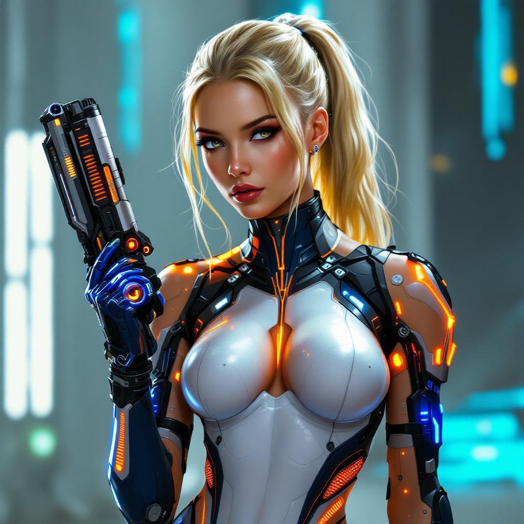 Full Body Mass Effect Babe wielding an Omni tool synthweave and Organza indigo amd white tight spy catsuit blonde ponytail