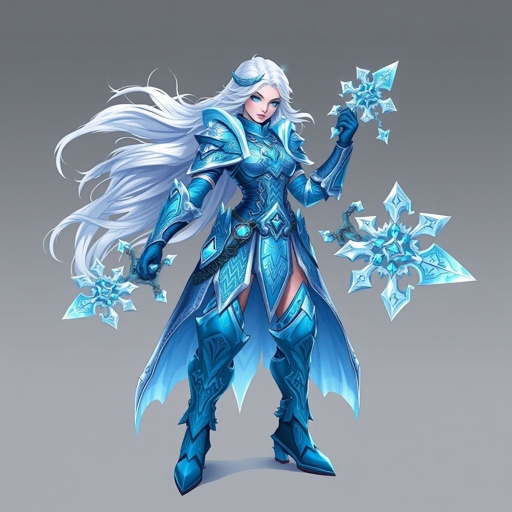 Create a battle woman hero called Alvara the Frostheart. Show full body head to toe including shoes