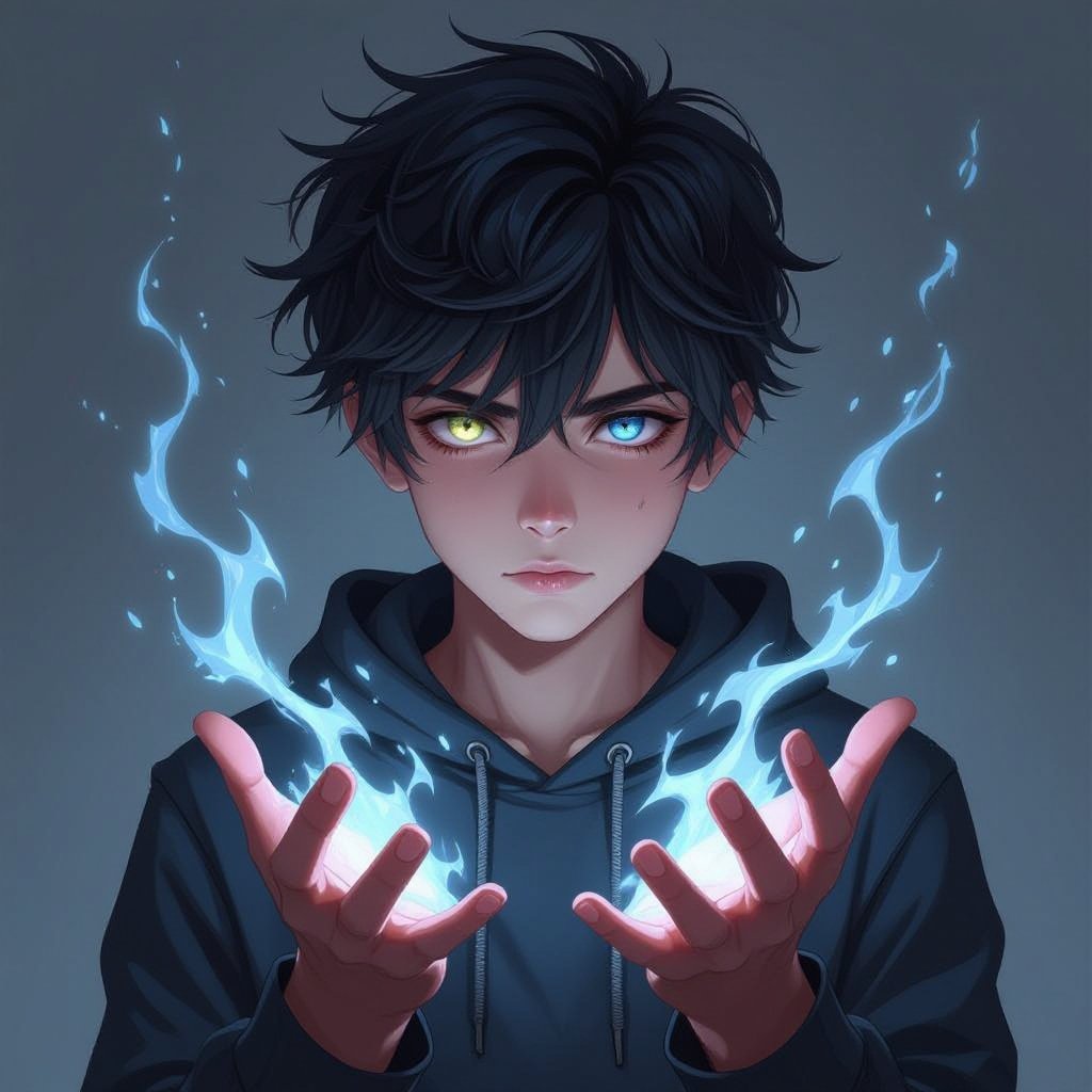 Telekinetic and dark manipulation powers boy teenager 17 years old dark and mysterious and quite with bad past with Heterochromia eyes