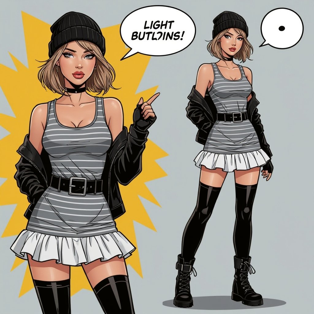 Light Brown Short Hair Babe Striped gray tank dress with white ruffled mini-skirt, thigh-high socks, chunky black buckle boots, black beanie— streetwear.