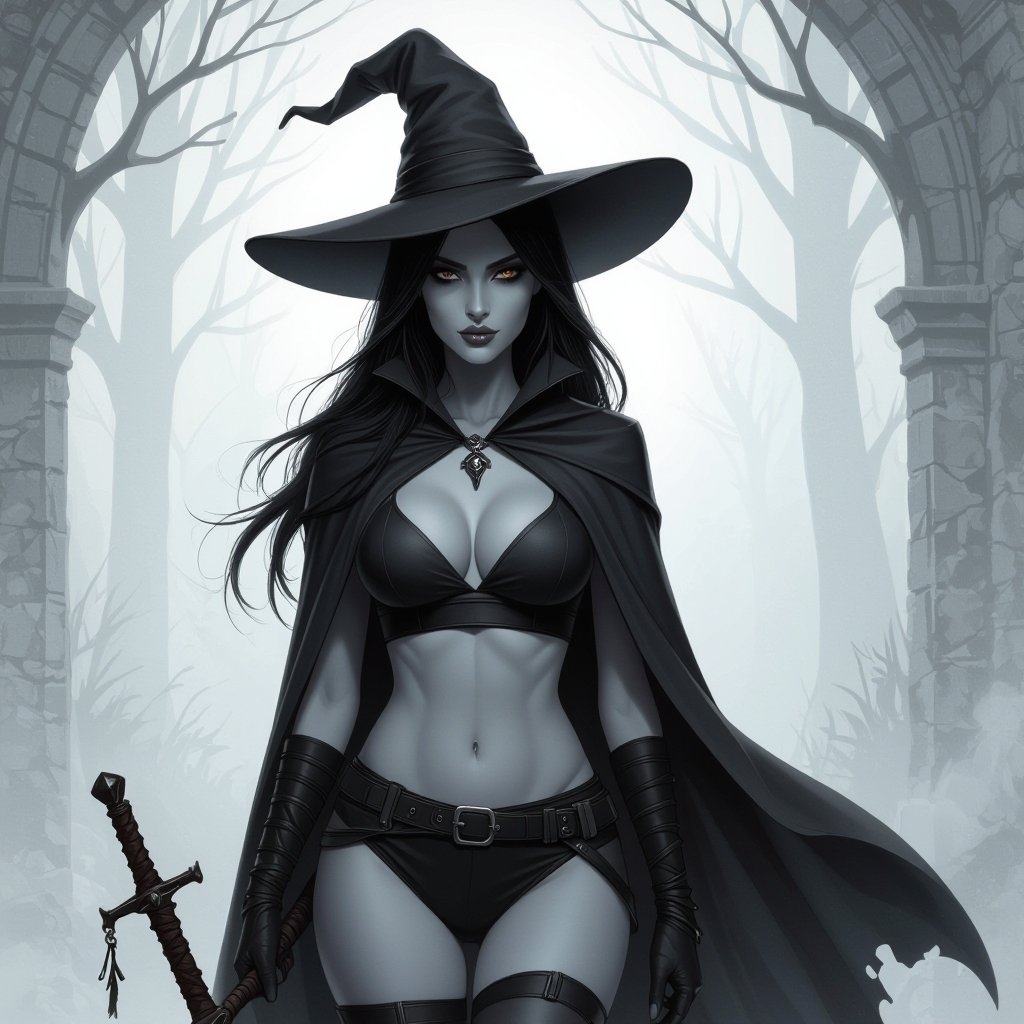 sexy shadow demon witch gypsy slate grey skin large black billowing cloak that emits darkness and shadow. Two piece. Witches Hat.