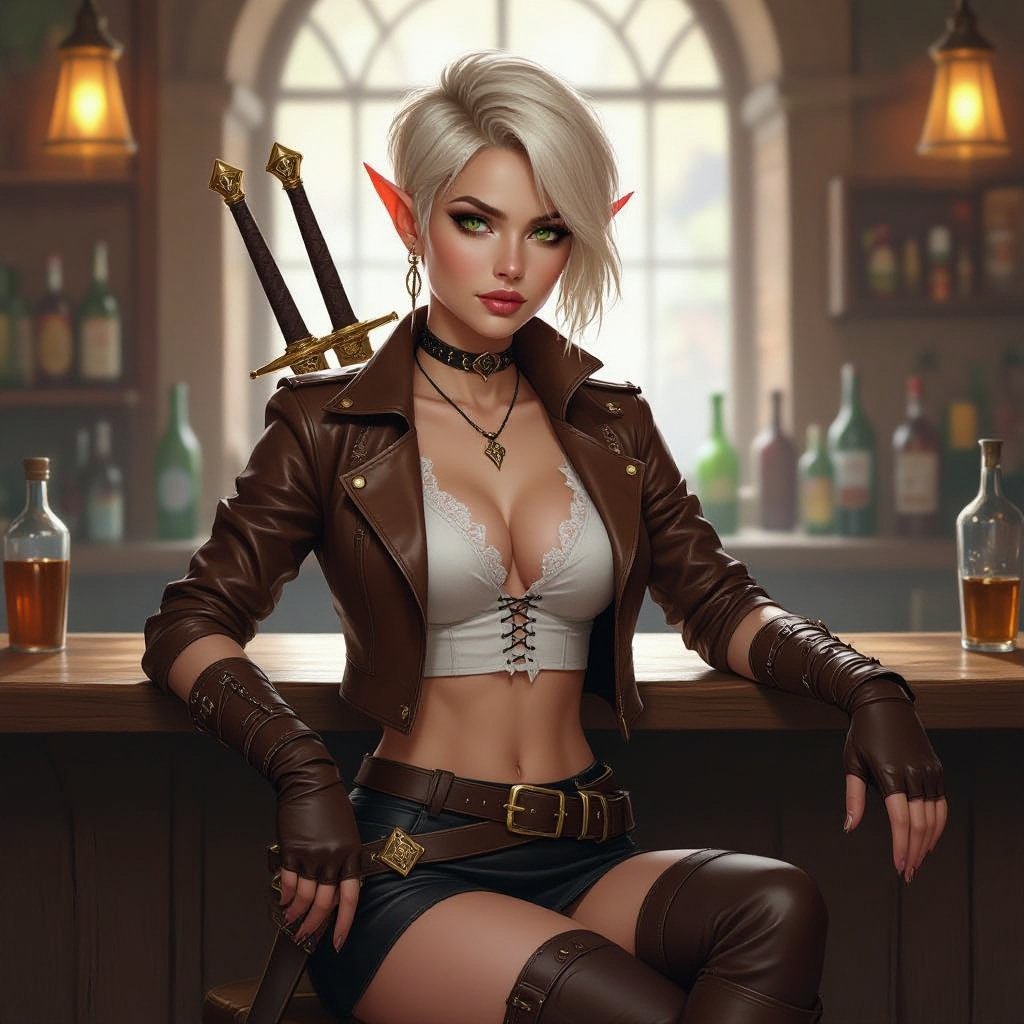 π¨ Prompt β βFfionna Baelyn: Shallow End Inn (Appearance + Scene Canon)β A semi-realistic fantasy painting of Ffionna Baelyn, a female High Elf assassin with a blonde pixie cut, fair ivory skin with warm undertones, and sharp green eyes flecked with gold. She has pointed ears and an elegant, athletic build. She wears a cropped brown leather jacket fitted to her waist with brass buckles and visible stitching detail, over a white sheer-lace blouse with a delicate neckline. A short, black fitted leather skirt sits high on her waist, sleek and practical. Her gloves are fingerless brown leather, and her thigh-high brown boots match in tone, polished with subtle shine and high, narrow heels. Two polished short swords with gold-filigree guards and brown leather-wrapped hilts rest symmetrically at her hips, catching the light faintly. Ffionna sits at the wooden bar inside the Shallow End Inn, perched on a stool with one leg crossed over the other in a confident, relaxed pose. Her expression is calm, observant, and composed β a professional at rest but ever alert. The scene is dimly lit by warm lanterns and candles reflecting off bottles and swamp water beyond the open shutters. The air feels humid, the wood aged and dark, and a faint mist glows beneath the lanterns. Lighting should be warm and balanced, highlighting her features and outfit details with natural, painterly texture. Composition: full-body to shins, semi-realistic fantasy art style following the 8-heads rule of proportion.