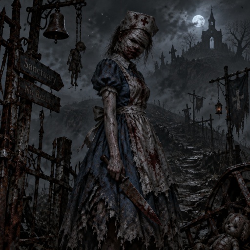 Silent hill with the nurse from the silent hill movie but in Alice’s dress from Alice in wonderland 