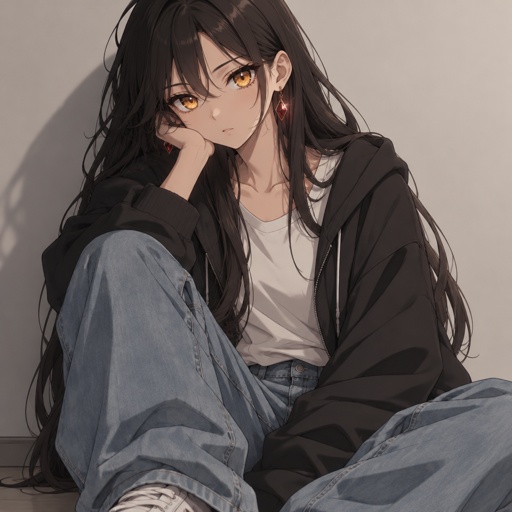 Teenage anime girl with long black hair and golden eyes. Wearing a tshirt and hoodie. Baggy jeans. Ruby earrings