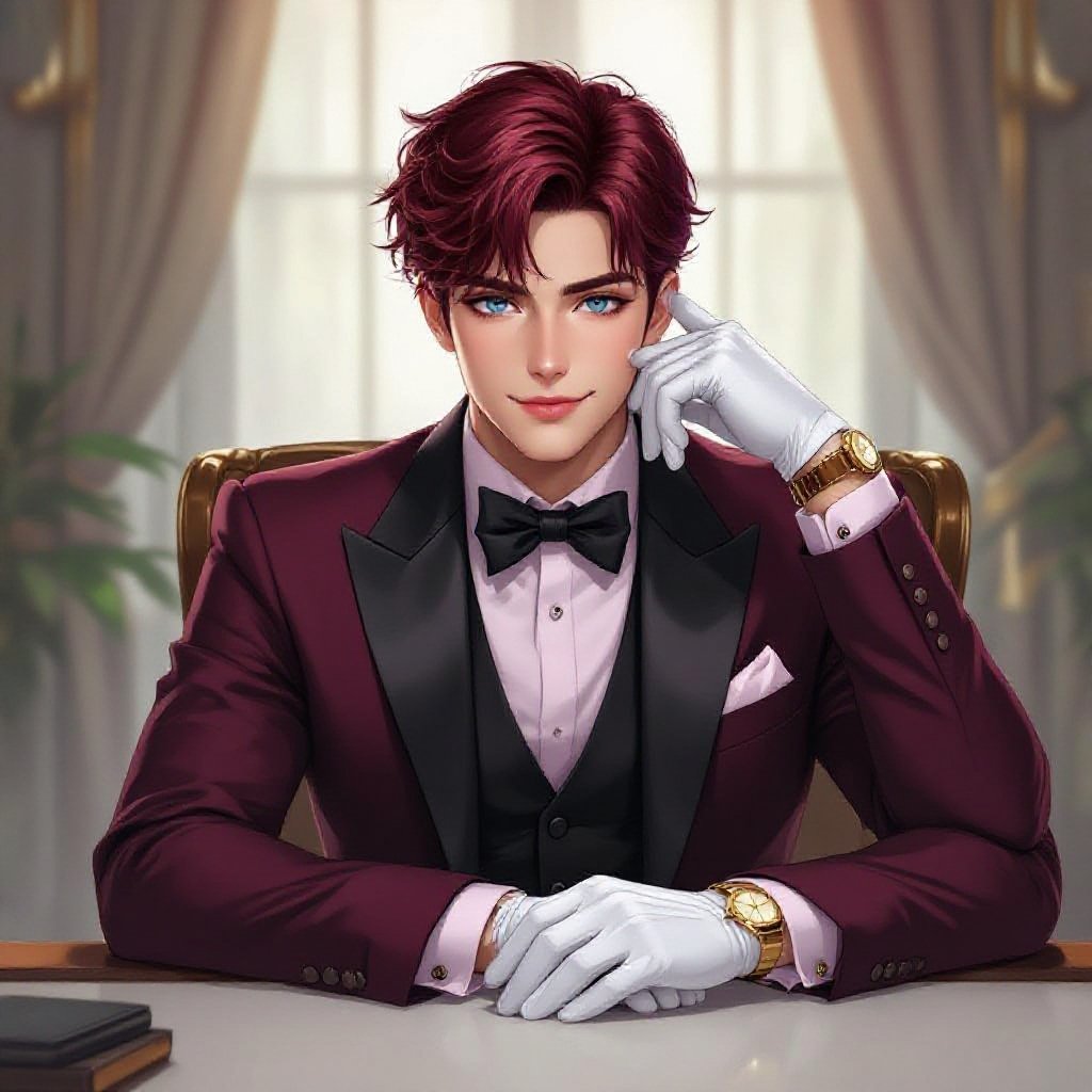 Tall young adult male with bright dark red hair that is neatly combed with the bangs going to one side, short to medium length. Bright blue eyes. White skin. Smug smile. One hand behind his head pose. A dark almost black, maroon tuxedo jacket that is closed and pants with the same color. The undershirt would be a light pink and a black bowtie. Wearing white gloves with a gold watch on the right wrist. Black dress shoes and pink socks.
