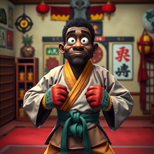 Create a character who looks like a funny African karate guy who doesn’t have a clue what he is doing