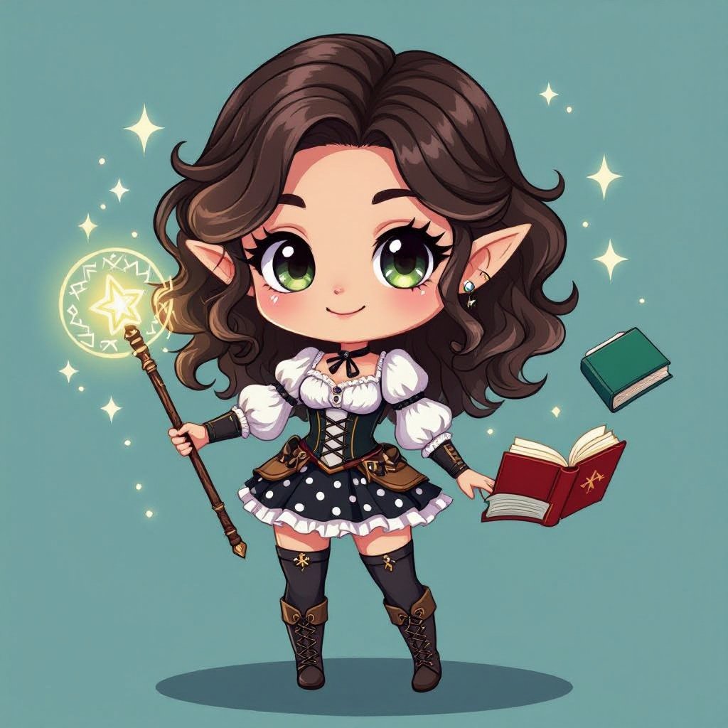 A semi-realistic, fantasy-parody portrait of Mythanna Junedae, the High Elf Wizard of Abjuration known as The Enigmatic Librarian.  Scene & Lighting Set within the Eight Mages Academy library — tall rune-lit shelves and drifting motes of golden dust. Warm candlelight mixes with cool magical glow from abjuration sigils swirling faintly around her. The tone balances academic gravitas with theatrical flair — tongue-in-cheek fantasy parody realism.  Appearance Mythanna stands in a confident, slightly playful pose, one hip cocked, surrounded by hovering spellbooks and glowing ward-circles. Her expression is both coy and calculating — the smile of someone who knows far more than she lets on. She has brunette wavy hair, luminous elven features, and expressive brown eyes that catch the light of the runes. Her ears are prominent and elegantly pointed. Her skin tone is soft fair ivory with a faint warm flush.  Iconic Outfit (Hard-Locked) • White blouse with puffed sleeves and a black ribbon bow at the collar. • Black rune-stitched corset worn over the blouse, fitted and elegant. • High-waisted black-and-white polka-dot skirt, ending mid-thigh. • Dark thigh-high stockings leaving a bare-thigh gap visible. • Shin-high rune-stitched boots, practical yet fashionable. • A small pearl pendant rests at her throat — her arcane focus. • Hat of Wizardry, decorated with tiny polka-dot runes and a faint magical shimmer, sits jauntily atop her hair.  Magic & Effects • Glowing golden abjuration sigils orbit around her hands and wrists. • Several floating tomes hover nearby, their pages turning of their own accord. • A soft halo of protective wards (circles and geometric lines of light) surrounds her body, subtly transparent. • Her Pearl of Power glows at her throat, pulsing in sync with the wards. • She holds her Wand of Magic Missiles, carved and polished, faintly glowing at the tip.  Composition Full-body portrait framed from head to shins, 2:3 aspect. Candle-warm foreground light with cool sigil back-glow. Parody-fantasy realism style — equal parts glamorous and arcane.