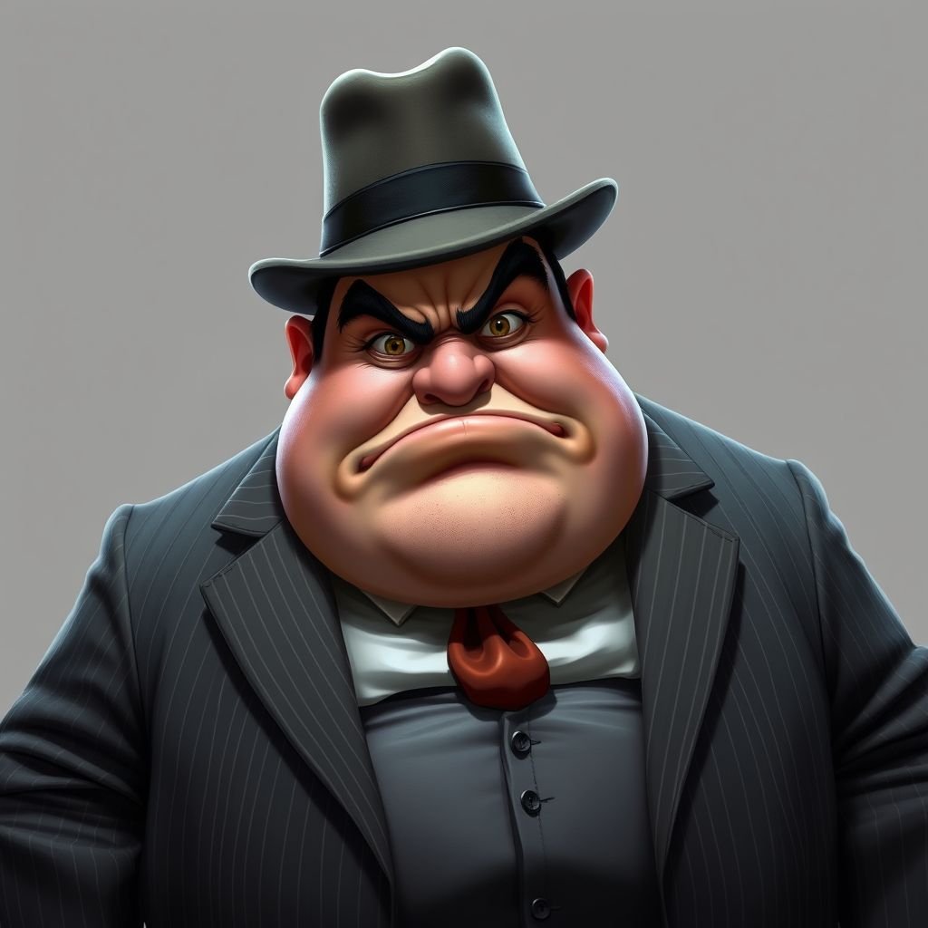 Create a fat funny looking guy who looks like a mobster make him angry but funny, need him with the whole body