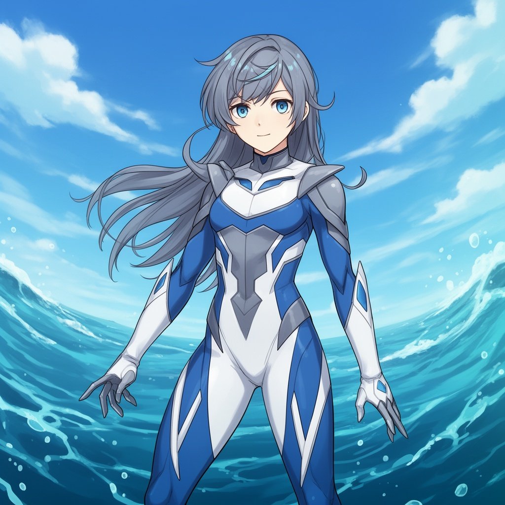  Can you make a non inappropriate picture of a superhero who is named hydroshark. Make her costume blue, white, and gray and make the ocean the background make them a girl