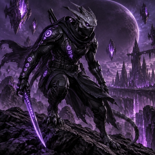 A alien beast in a futuristic black ninja Assassin space suite. On a dark purple planet background 