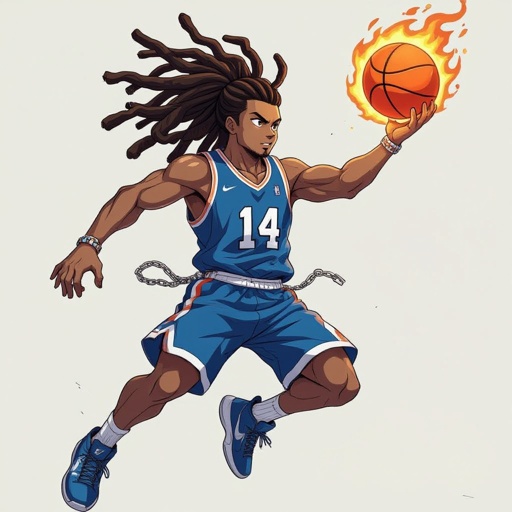 My character is a muscular guy of a lighter skin complexion with 12 big dreadlocks and Blue Basketball jersey with the number 14  and a chain on his neck and he is jumping into the rim high in the air with a fire flame ball