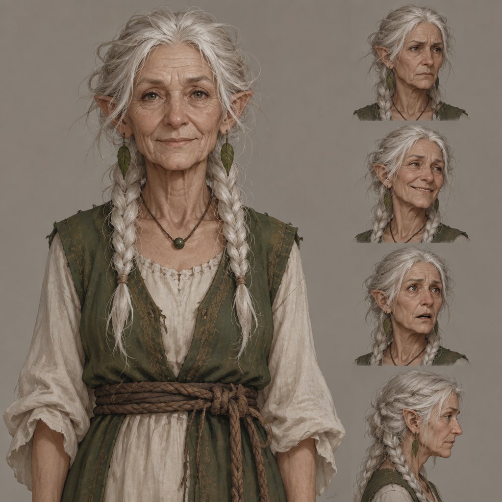 Female, wrinkled, slim, two braids, messy white hair, skinny, leaf earrings, dress, green vest, brown rope around waist, slightly pointy ears, one bead necklace, concept, face expressions