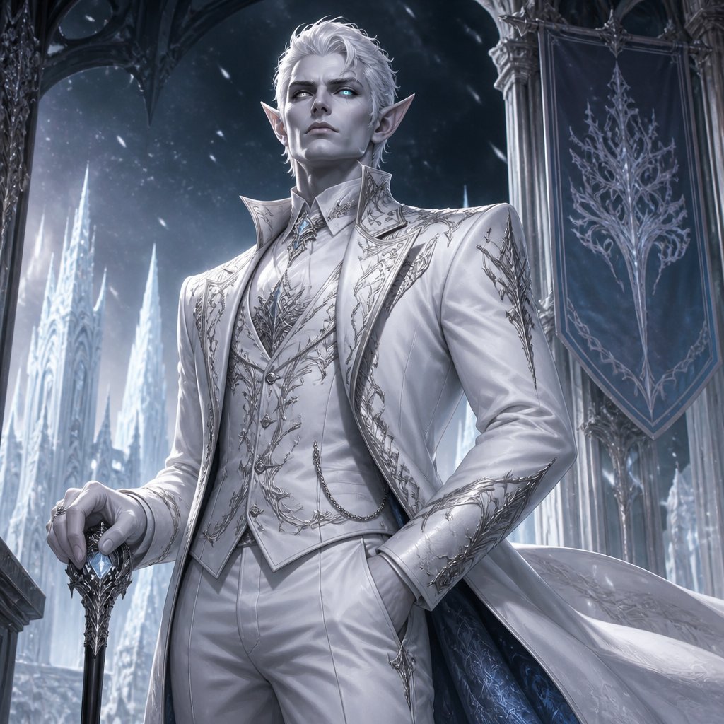 Muscular Frost elf Man with leaner elf face with long pointy ears with pale white skin and short white hair with one white left eye and cyan right eye one wearing Fancy white suit with long jacket and silver lining