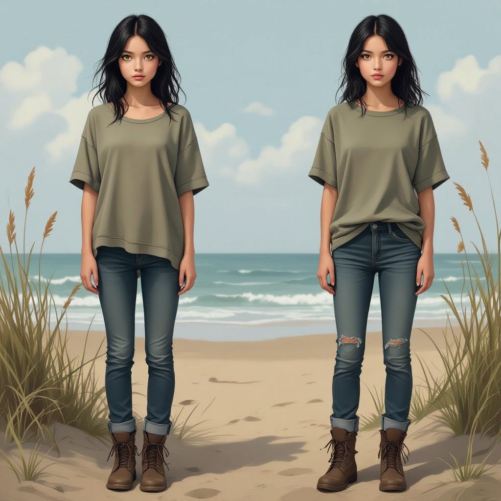 A 16 year old girl with black hair and desaturated seagreen eyes. Skinny. Wearing an oversized top, jeans, and boots.