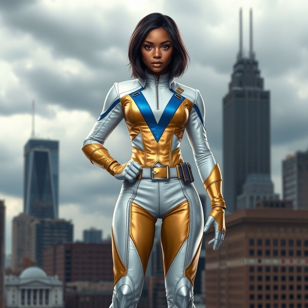 A teenage African American female superhero with hair in a shoulder length side part style wearing a partially leather white and Gold suit with blue accents and a stylized V as her chest emblem a utility belt and silver boots standing in Philadelphia during a cloudy day 