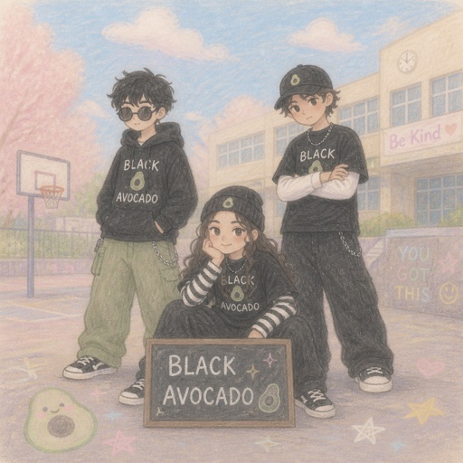 Eine Bande mit drei Personen mit dem Namen Black Avocado auf dem Schulhof 
