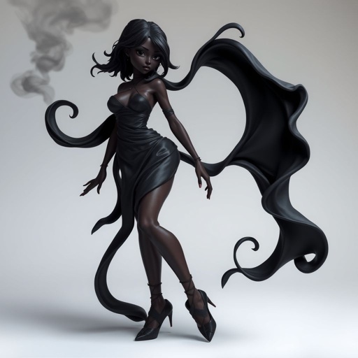 Create character hero Veyra of Shadows – A lithe, mysterious black woman draped in layered black silks that move like smoke around her. With jet-black hair. Show her whole body head to toe including her shoes.
