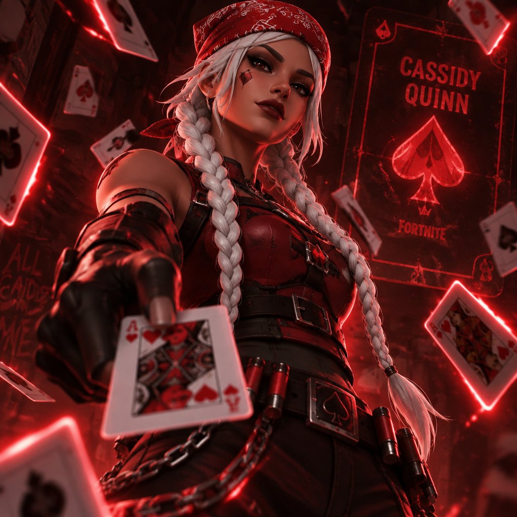 Cassidy Quinn from Fortnite accurate white long braids, red color scheme, card theme, wearing bandanna on head
