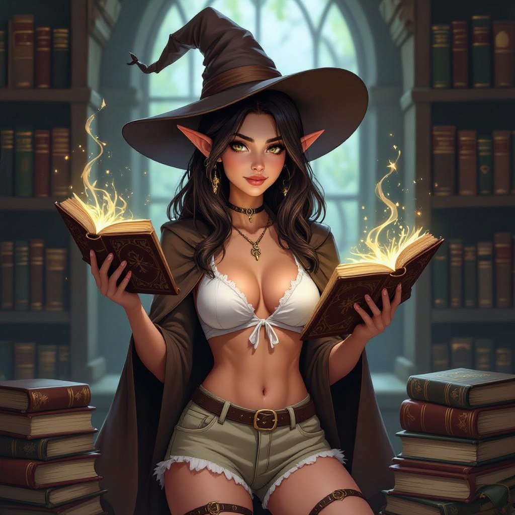 Dark Brown Hair Elf Witch Librariano up in Witches Hat. In Khaki Daisy Dukes and White bathing suit top