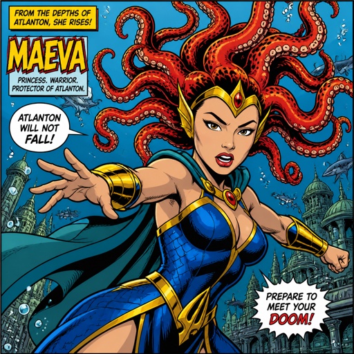 Her name is Octo-Perfectionu, she is a gorgeous woman Asian, she is a superhero, her hair is octopus arms, she is from the planet Atlanton. 