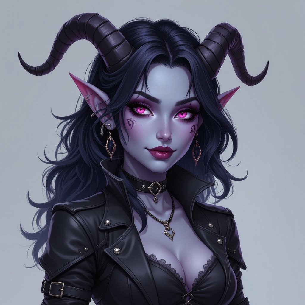 A gray purple tiefling with black wavy hair and black tiny horns on her head. She is 5”8 and 130 pounds. She has hot pink eyes and fangs. She wears a rogue type outfit with only black.