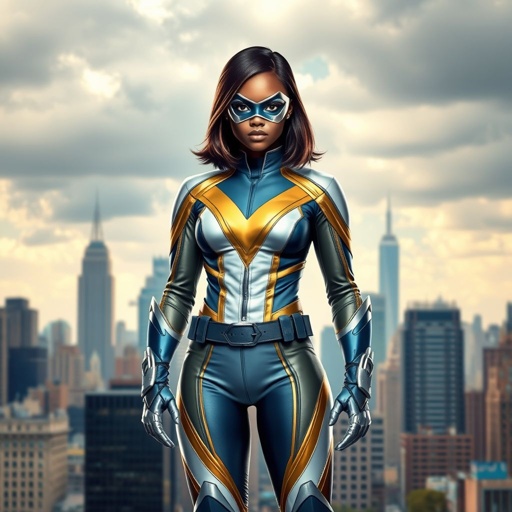 A teenage African American female superhero with hair in a shoulder length side part style wearing a mask wearing a partially leather white and Gold suit with blue accents and a stylized V as her chest emblem a utility belt and silver boots standing in Philadelphia during a cloudy day 
