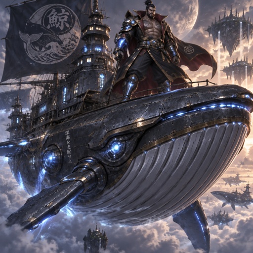 His name is Captain Shipwreck, a super villain, futuristic whale hunter, futuristic whale ship.  Japanese muscular, futuristic captain suite