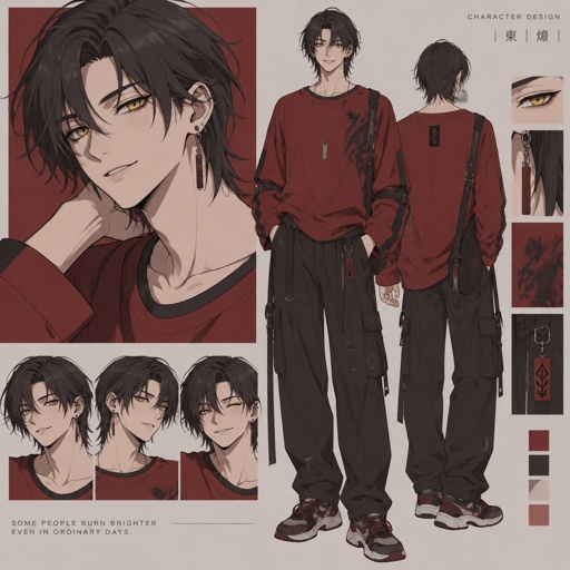Male, smile, Asian, neck length black hair, yellow eyes, eyeliner, wears red casual clothes, small mouth, 