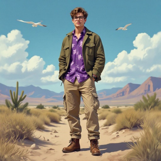 A 19 Year Old man in a Purple Hawaiian Button Up and Beige Cargo Pants. Light Brown Hair Glasses and a worn Army Jacket and Brown Boots
