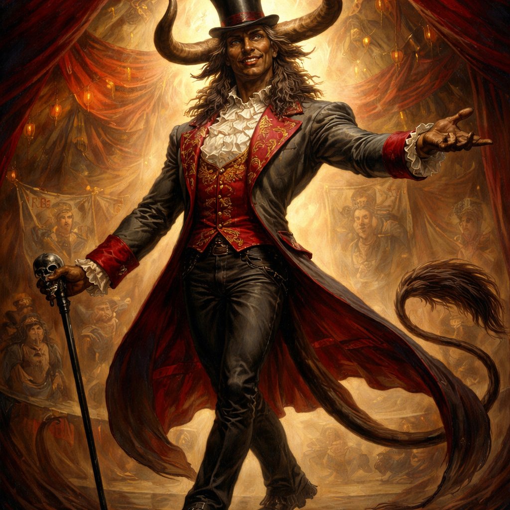 A captivating chestnut brown male Minotaur that’s 6 1/2 feet tall with well~proportioned figure/body with deep set cattle like brown eyes, large powerful gleaming horns like his fathers, a , long tail. He works at freak show as the ringmaster and his abilities are Reality Rejection, Time Manipulation (Chronokineses), Zoolingualism (Language of Cattle only), Human Speech. His outfit consists of a crimson tailcoat, frilly shirt, stunning grey blazer, black pants and top hat.