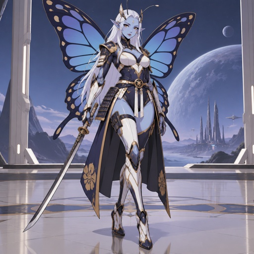 A gorgeous alien butterfly woman in a futuristic space samurai armor. Show whole body. 