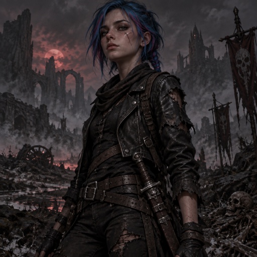 A 17 year old girl who has blue hair with pink and purple stripes and hazel eyes. She is wearing a black jacket and black pants. At her side is a sword in its sheath. She looks strong and confident. 