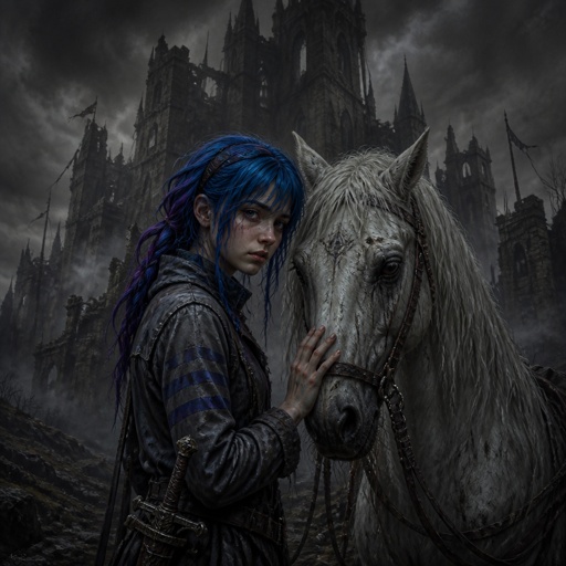 A 17 year old girl who has blue hair with purple and blue stripes and hazel eyes. She is wearing a gray jacket and black pants. A sword is at her side in a sheath. She hand in front of a white horse. She stands in front of a big gray castle. 