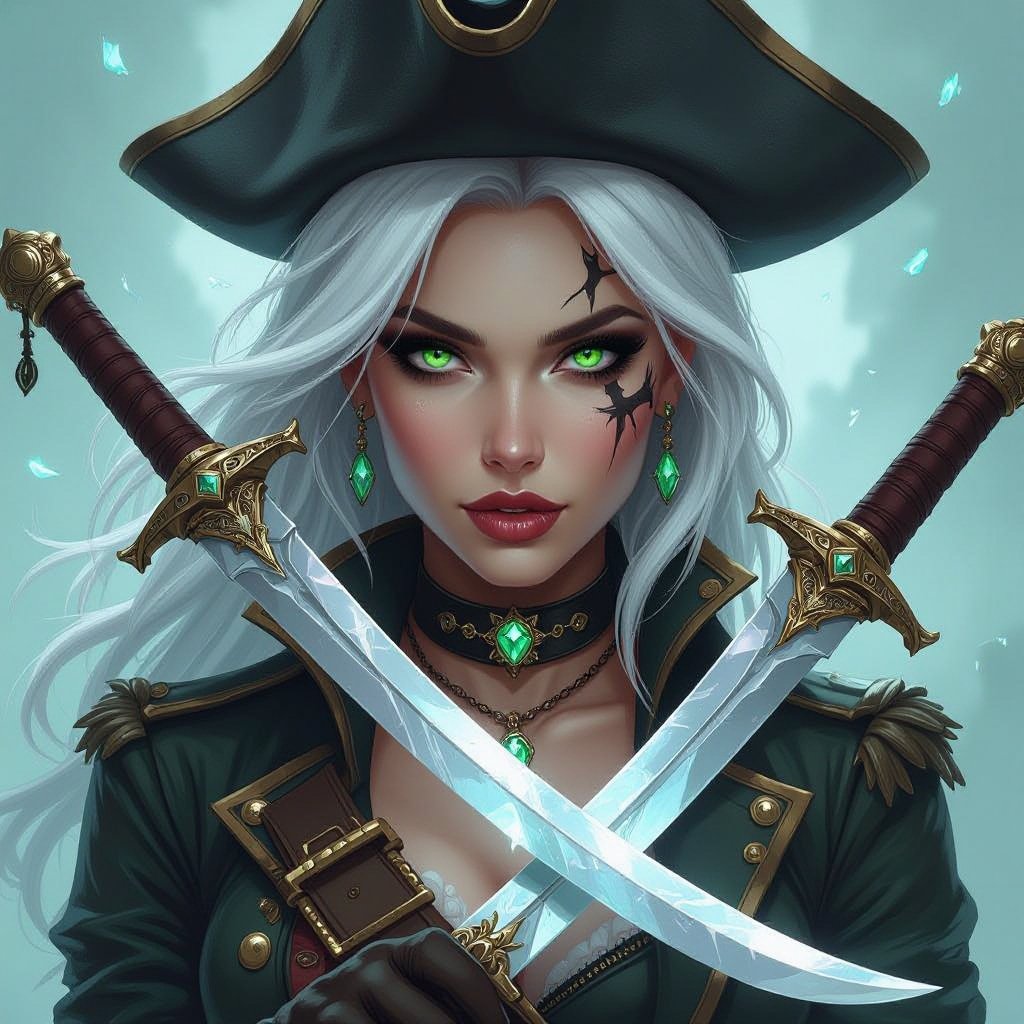 Pirate captain female 5’7 tall platinum hair almost white bright green eyes human keeps face covered 130 lbs Ghost form tattoo on right arm two wielding crystal rapier blades rouge pirate captain