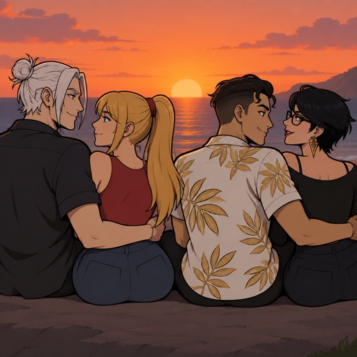 Kado Thorne from Fortnite white hair medium length back hair bun pale skin, Samus Aran zero suit, Midas from Fortnite not gold skin, Bayonetta from super smash bros short hair, watching the sunset, double date, all wearing casual clothes, no facial hair, clean shaven 