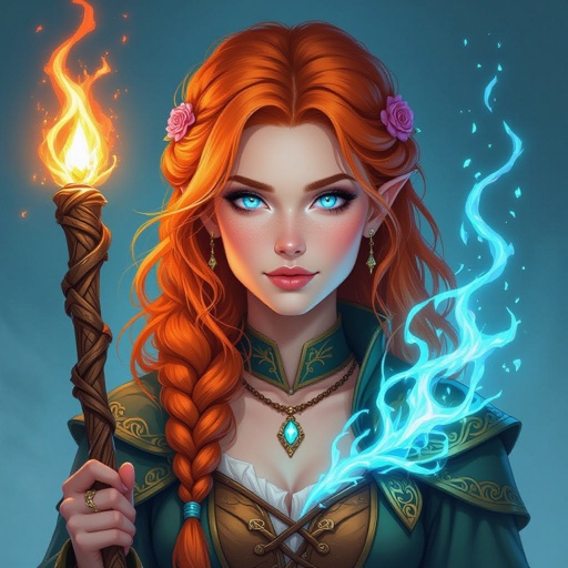 Woman wizard, with orange hair and ocean blue eyes, hair half up rosetteand half down, shoulder length dnd inspired