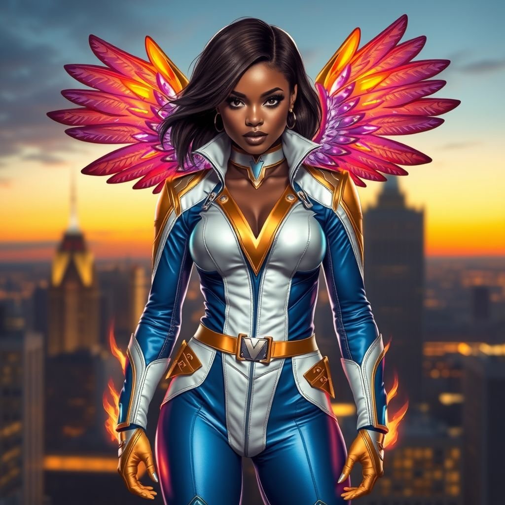 African American female superhero with shoulder length hair in a side part style and holographic wings wearing a homemade leather white and blue suit with gold accents and blue pants with a stylized V as her chest emblem wearing gold flat boots  made of gold fire standing in Philadelphia at dusk