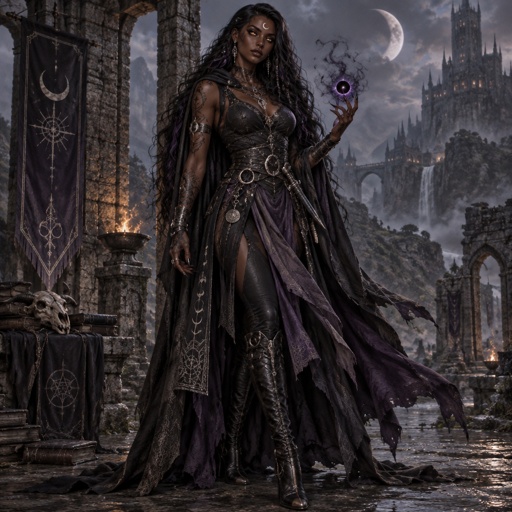 Dark fantasy female sorceress, deep brown skin, very long black hair with subtle violet highlights, glowing golden eyes, crescent moon magical mark on forehead, black magical markings on arms, long pointed nails, elegant practical fantasy clothing in black, muted purple and dark silver, layered fabrics, leather details, mystical jewelry, powerful and mysterious expression, warrior-sorceress, full body character concept art, detailed fantasy illustration