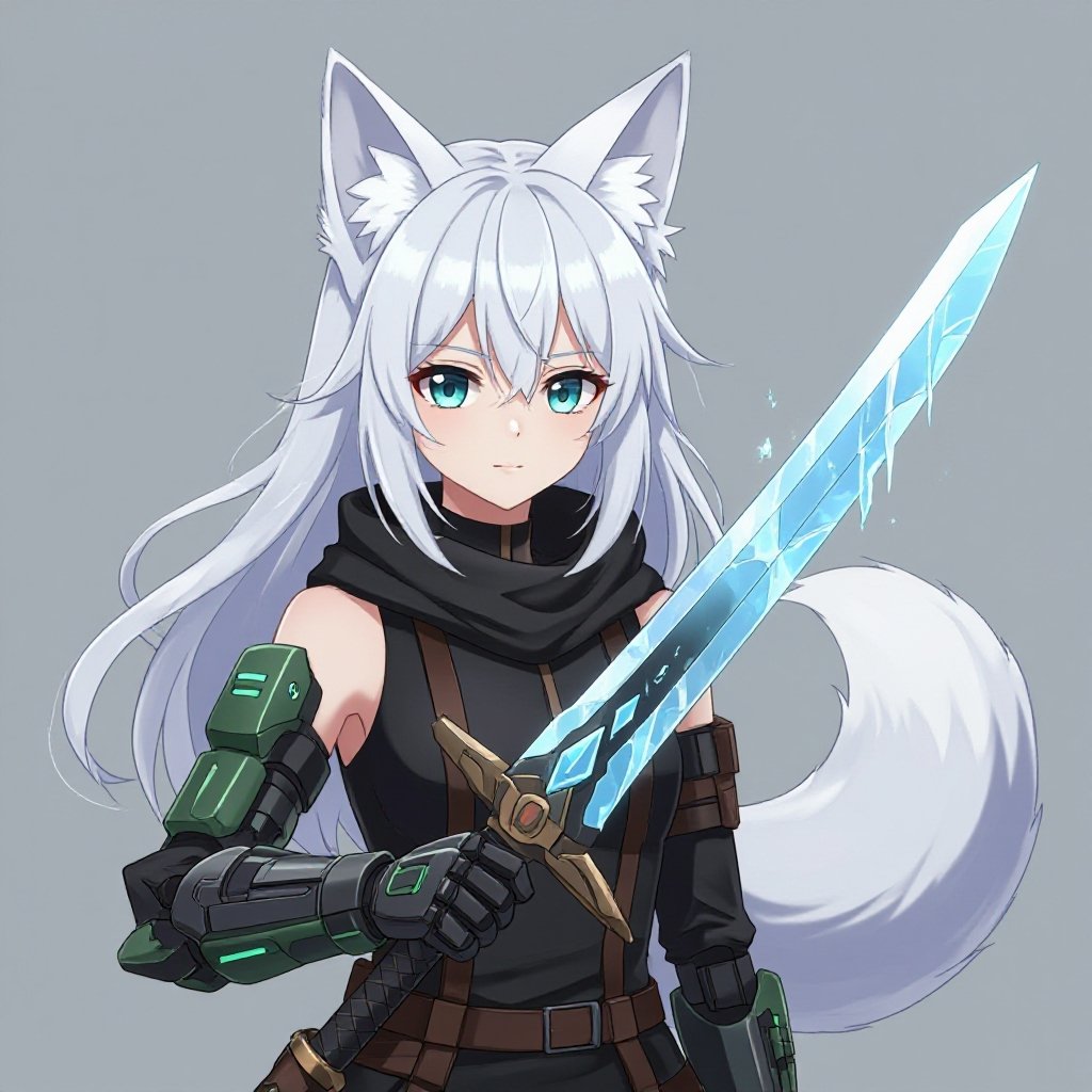 A pale teenage girl wearing black, has medium white hair, has large fox ears and a fluffy tail and a dark green and brown robotic right arm only holding a sword of ice with a greyish background