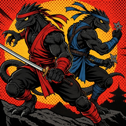 Two brothers, black dragons lizards , muscular in ninja outfits. They were created to help stop extinction.