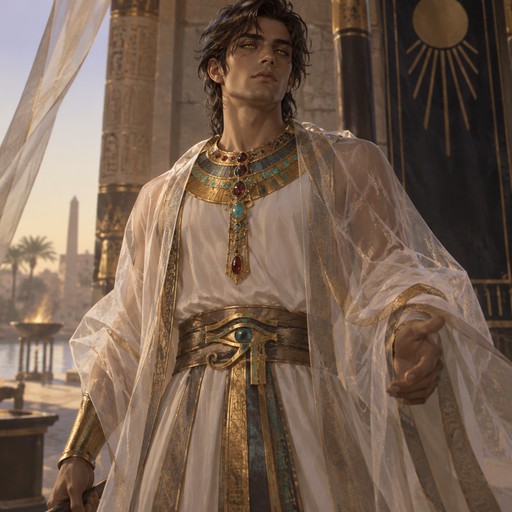 A 27 year old preist in white robes with a necklace of gold, turquoise and ruby, they have a clear fabric over their body. They have dark brown hair, golden eyes and an eye of ra on their belt