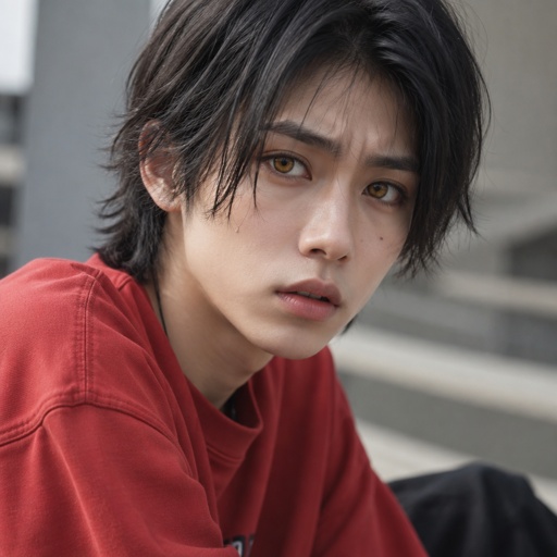 Male, Asian, neck length black hair, yellow eyes, eyeliner, wears red casual clothes, small mouth, nervous, big eyes
